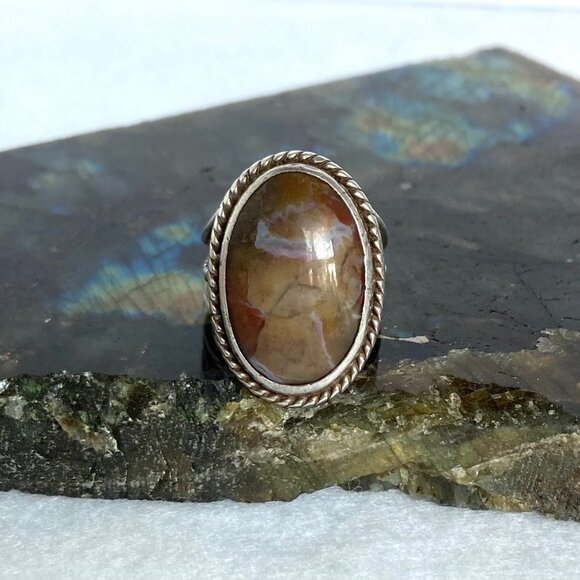 VTG Sterling Silver 925 Signed ED Oval Polychrome Jasper Split Shank Ring Sz 8 - Picture 2 of 16